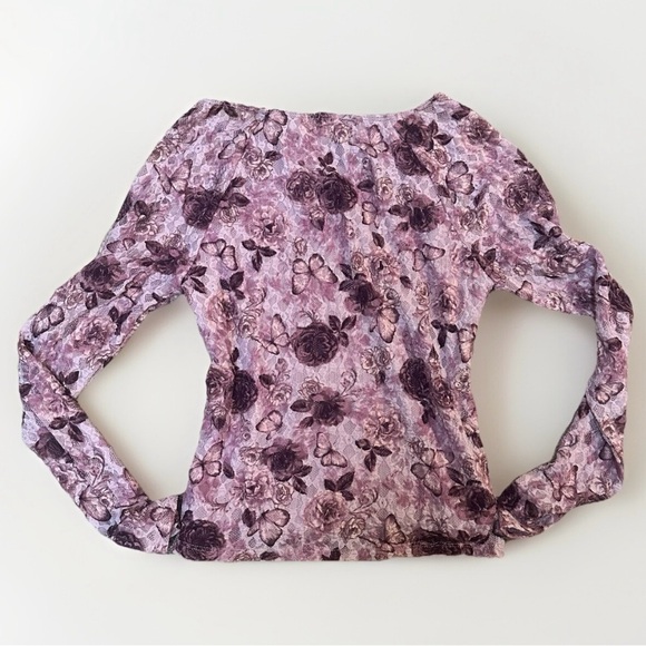 Vintage Y2K Self Esteem Longline Slim Fit Purple Mesh Butterfly Floral Top Small - Picture 2 of 8